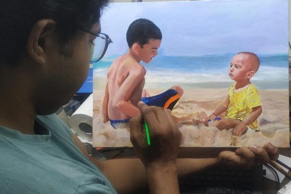 Artist Partha Biswas Acrylic painting with backgroung scenery Canvas Painting with sea background by artist partha biswas